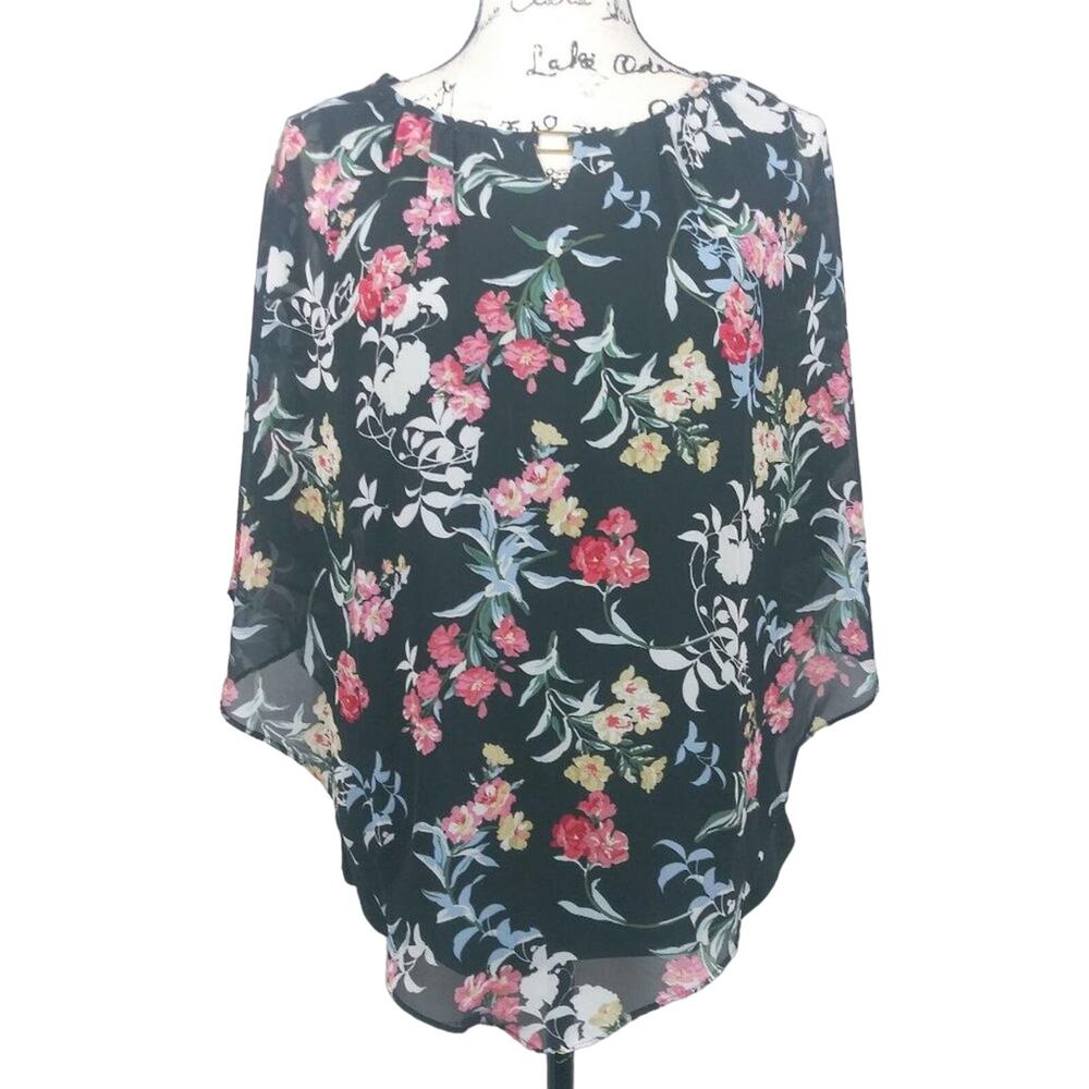 ROBERT LOUIS Poncho Black Floral Office Vacation  Blouse Size S